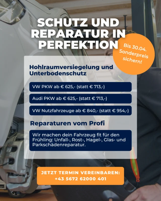 🔧🚗 Mach dein Auto fit für den Frühling! 🚗🔧⁠
⁠
Mit einer hochwertigen Hohlraumversiegelung und Unterbodenschutz bleibt dein Auto rostfrei und bestens erhalten. ✨⁠
⁠
Kratzer, Dellen oder größere Schäden? Unsere Spenglerei-Profis bringen dein Auto wieder in Topform. Egal ob Unfall-, Rost-, Hagel-, Glas- oder Parkschäden.⁠
⁠
Vereinbare jetzt deinen Termin und profitiere bis 30.04.2025 von unseren Sonderpreisen! 😍⁠
⁠
📍 Allgäuer Straße 72, 6600 Reutte in Tirol⁠
📞 +43 5672/62000 401⁠
🌐 www.autohaus-schweiger.at⁠
⁠
#Frühjahrsfit #AutohausSchweiger #Rostschutz #Autopflege #TopService #Reparatur #Sonderangebot