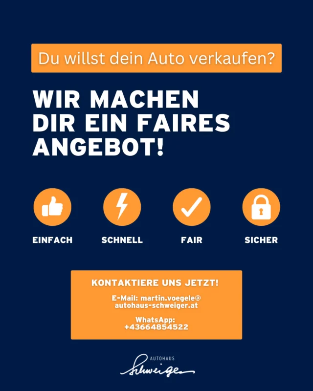 Du möchtest dein Auto schnell, unkompliziert und zu einem fairen Preis verkaufen? Egal welche Marke, wir kaufen dein Fahrzeug! 🚘⁠
⁠
So einfach geht’s:⁠
⁠
✅ Kontakt aufnehmen 📞⁠
✅ Fahrzeugdaten übermitteln 📸⁠
✅ Erstes Angebot erhalten 💵⁠
✅ Gebrauchtwagentest durchführen 🔍⁠
✅ Finales Angebot sichern ✍️⁠
✅ Kaufvertrag unterschreiben & Geld erhalten! 💰🎉⁠
⁠
Je mehr Infos, desto besser!⁠
⁠
Für eine schnelle Bewertung benötigen wir:⁠
⁠
📅 Erstzulassung⁠
⏳ Kilometerstand⁠
🔢 Fahrgestellnummer⁠
📷 Bilder vom Fahrzeug⁠
⁠
📩 Jetzt unverbindliches Angebot sichern!⁠
⁠
📧 martin.voegele@autohaus-schweiger.at⁠
📲 WhatsApp: +43 664 8545222⁠
⁠
Mach’s dir leicht und verkauf dein Auto mit Autohaus Schweiger! 🚘✨⁠
⁠
#autohausschweiger #gebrauchtwagen #fahrzeugankauf