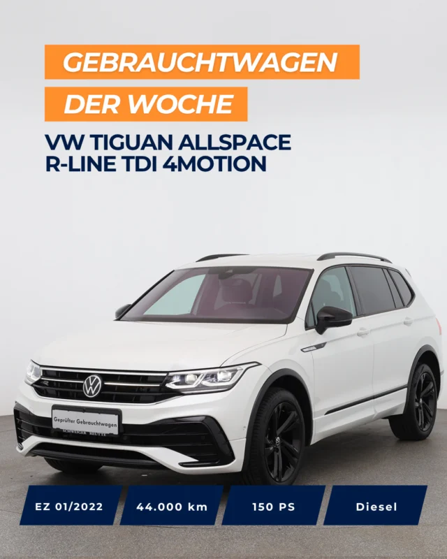 🚘 Gebrauchtwagen der Woche 🚘⁠
⁠
VW Tiguan Allspace R-Line TDI 4MOTION – Kraft trifft Komfort!⁠
⁠
✨ Multifunktions-Sportlenkrad in Leder, beheizbar, mit Schaltwippen⁠
✨ Umgebungsansicht „Area View“ inkl. Rückfahrkamera⁠
✨ Anhängevorrichtung anklappbar, mit elektrischer Entriegelung⁠
✨ IQ.LIGHT-LED-Matrix-Scheinwerfer⁠
✨ Frontscheibe drahtlos beheizbar⁠
✨ Automatische Distanzregelung ACC⁠
✨ Navigationssystem „Discover Media“⁠
✨ App-Connect⁠
⁠
🇦🇹 Preis: 44.490 €⁠
🇩🇪 Preis: 40.490 €⁠
⁠
Mehr Infos 👉 Link in Bio. ⁠
⁠
⁠
#autohausschweiger #gebrauchtwagen #vwtiguan