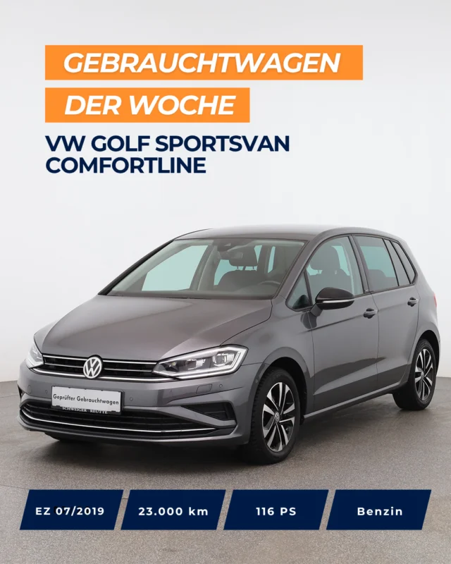🚗 Gebrauchtwagen der Woche: VW Golf Sportsvan Comfortline⁠
⁠
📅 EZ: 07/2019 | 23.000 km | 116 PS Benzin | DSG⁠
⁠
Top Ausstattung: ⁠
✨ Rückfahrkamera⁠
✨ Automatische Distanzregelung ACC⁠
✨ 2-Zonen-Klimaautomatik⁠
✨ LED-Scheinwerfer mit Fernlichtregulierung⁠
✨ Navigationssystem „Discover Media“⁠
✨ Sitzheizung vorn⁠
✨ Spurhalteassistent „Lane Assist“⁠
⁠
🇦🇹 Preis: 19.990 € ⁠
🇩🇪 Preis: 18.990 €⁠
⁠
Jetzt entdecken 👉 Link in Bio. ⁠
⁠
#autohausschweiger #gebrauchtwagen #vw #golfsportsvan #volkswagen