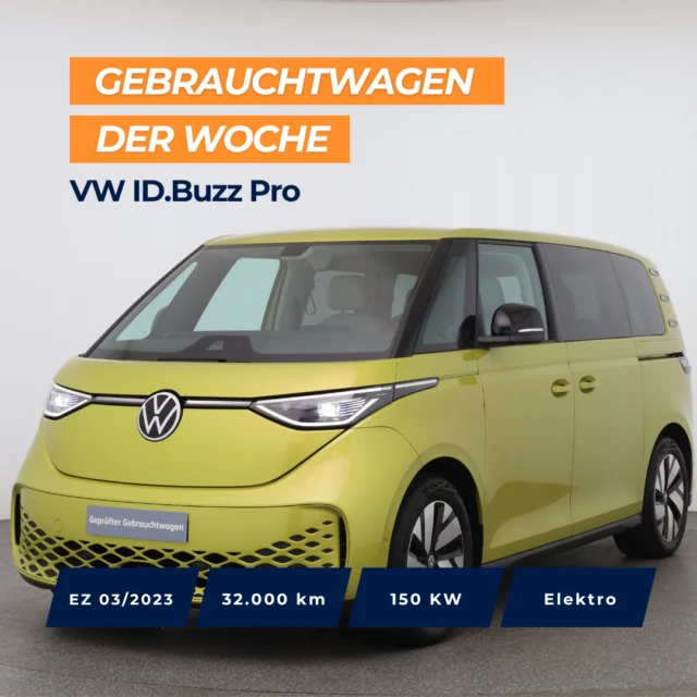 🚗 Gebrauchtwagen der Woche: VW ID.Buzz Pro⁠
⁠
📅 EZ: 03/2023 | 32.000 km | 150 KW | Elektro | Automatik | Heckantrieb⁠
⁠
Top Ausstattung: ⁠
✨ Anhängevorrichtung anklappbar⁠
✨ Parkassistent inkl. Einparkhilfe⁠
✨ Sitzeinstellung elektrisch mit Memory-Funktion⁠
✨ Sitzheizung vorn⁠
✨ Automatische Distanzregelung ACC⁠
✨ IQ.LIGHT-LED-Matrix-Scheinwerfer⁠
✨ Schlüsselloses Schließ- und Startsystem⁠
✨ Multifunktionslenkrad in Leder, beheizbar⁠
✨ Navigationssystem "Discover Pro"⁠
✨ Ambientebeleuchtung 30-farbig⁠
✨ App-Connect⁠
✨ Mobiltelefonschnittstelle mit induktiver Ladefunktion⁠
⁠
⁠
🇦🇹 Preis: 41.990 €⁠
🇩🇪 Preis: 41.990 €⁠
⁠
Jetzt entdecken 👉 Link in der Bio.⁠
⁠
⁠
*VW Id. Buzz Pro. Elektrofahrzeug, Automatikgetriebe, Allrad, 150 KW, EZ: 03/2023, Verbrauch (komb.): 21 Kwh/100 km, CO₂-Ausstoß (komb.): 0 g/km, CO₂-Klasse: A⁠
⁠
#autohausschweiger #gebrauchtwagenderwoche #gebrauchtwagen #idbuzzpro⁠
⁠