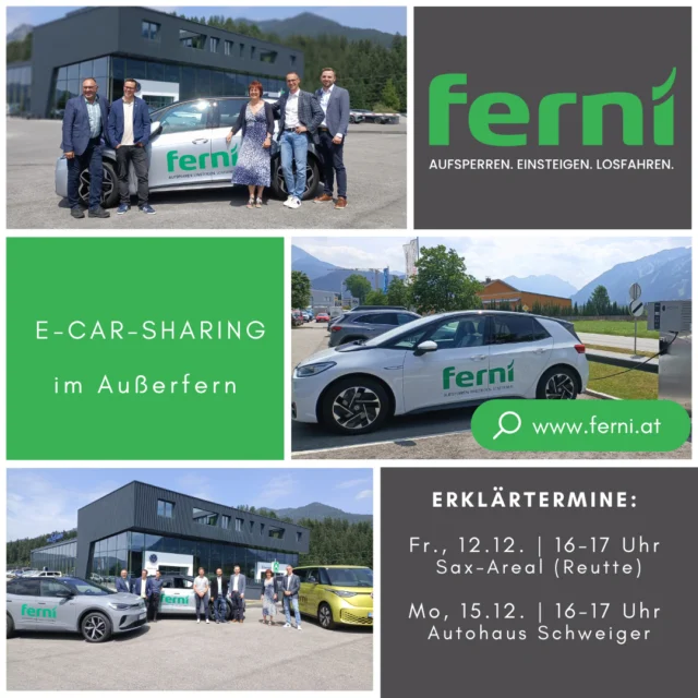 🔌🚗 ferni – dein E-Carsharing im Außerfern⁠ ⁠ Neugierig, wie es funktioniert? Dann schau vorbei und lass dir ferni live erklären!⁠ ⁠ 📍 Fr, 12.12. | 16–17 Uhr | Sax-Areal, Reutte⁠ 📍 Mo, 15.12. | 16–17 Uhr | Autohaus Schweiger⁠ ⁠ Wir freuen uns auf euch! 🙌⁠ ⁠ #ferni #ecarsharing #außerfern #autohausschweiger #reutte