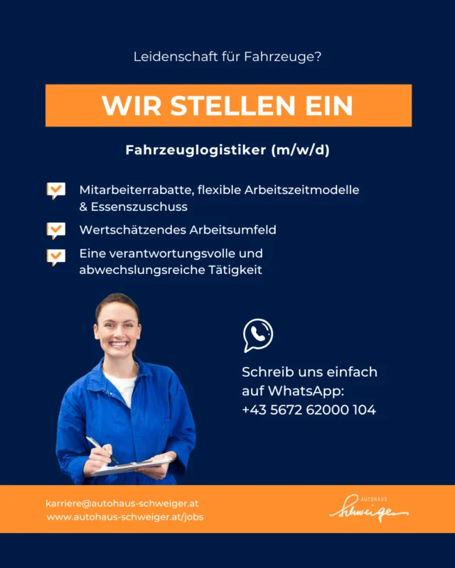 🚘 Ordnung, Verantwortung & Abwechslung?⁠ ⁠ Dann bist du bei uns in der Fahrzeuglogistik (m/w/d) genau richtig!⁠ ⁠ 🧡 Familienunternehmen mit Start-up-Kultur.⁠ 🧡 Top-Vergütung & flexible Modelle.⁠ 🧡 Kollegiales Team und tolle Weiterbildungschancen.⁠ ⁠ Alle Details zur Stelle und zur Bewerbung findest du über den Link: https://www.autohaus-schweiger.at/jobs/fahrzeuglogistik/⁠ ⁠ Oder melde dich direkt per E-Mail/WhatsApp: 📧 karriere@autohaus-schweiger.at 📱 +43 5672 62000 104⁠ ⁠ 👉 Jetzt bewerben!⁠ ⁠ ⁠ #karriere #autohausschweiger #reutte #jobs