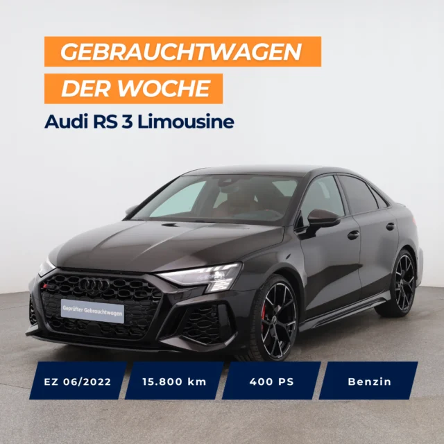 ✨ Gebrauchtwagen der Woche: Audi RS 3 Limousine 🚗💨⁠ ⁠ Top Ausstattung: ⁠ ✨ Sitze professionell in braunes Leder gepolstert⁠ ✨ Audi connect Navigation & Infotainment plus⁠ ✨ Audi drive select⁠ ✨ Abgedunkelte Matrix LED-Scheinwerfer⁠ ✨ Parkassistent mit Einparkhilfe plus⁠ ✨ RS-Designpaket rot⁠ ✨ RS-Dynamikpaket plus⁠ ✨ RS-Keramikbremsanlage mit Bremssätteln rot glänzend⁠ ✨ RS-Sportabgasanlage⁠ ✨ Sitzheizung vorne⁠ ✨ Vordersitze elektrisch einstellbar⁠ ⁠ ⁠ 🇦🇹 Preis: 65.900 €⁠ 🇩🇪 Preis: 58.990 €⁠ ⁠ Jetzt entdecken 👉 Link in Bio.⁠ ⁠ ⁠ *Audi Rs 3 Sportback. Benzin, Automatikgetriebe, 400 PS, EZ: 06/2022, Verbrauch (komb.): 8,9 l/100 km, CO₂-Ausstoß (komb.): 203 g/km, CO₂-Klasse: G