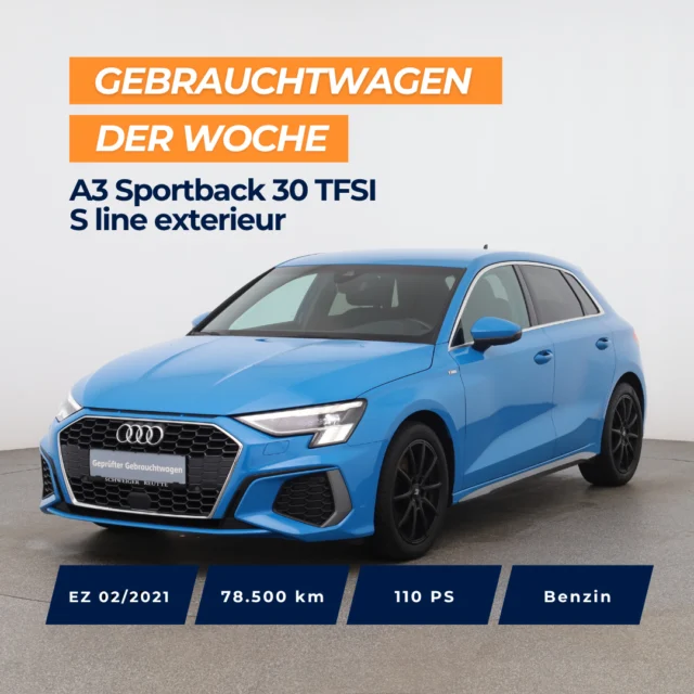 🚗 Gebrauchtwagen der Woche: Audi A3 Sportback 30 TFSI S line exterieur⁠
⁠
📅 EZ: 02/2021 | 78.500 km | 110 PS | Benzin | Schaltgetriebe | Frontantrieb⁠
⁠
Top Ausstattung: ⁠
✨ MMI Navigation plus mit MMI touch⁠
✨ Matrix LED-Scheinwerfer⁠
✨ Sitzheizung vorn⁠
✨ Audi Phone Box⁠
✨ Audi virtual Cockpit⁠
✨ Audi Sound System⁠
✨ Audi drive select⁠
✨ Ausweich- und Abbiegeassistent⁠
⁠
⁠
🇦🇹 Preis: 20.490 €⁠
🇩🇪 Preis: 19.990 €⁠
⁠
Jetzt entdecken 👉 Link in Bio.⁠
⁠
*Audi A3 Sportback 30. Benzin, Schaltgetriebe, Frontantrieb, 110 PS, EZ: 02/2021, Verbrauch (komb.): 5,6 l/100 km, CO₂-Ausstoß (komb.): 127 g/km, CO₂-Klasse: D⁠
⁠
⁠
#autohausschweiger #gebrauchtwagen #audi #audia3